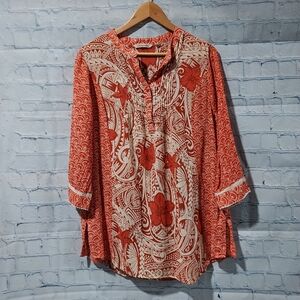 Soft Surroundings M Floral Mixed Print 3/4 Sleeve Popover Tunic Tropical No Cami